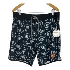 Of One Sea Sz 34 Boardshorts Retro Shaka Black Stretch NWT